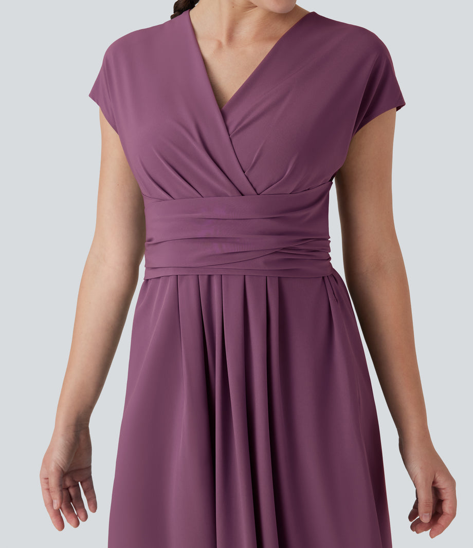 Breezeful™ V Neck Short Sleeve Pocket Tie Back Quick Dry Midi Casual Dress - Amaranth
