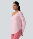 One Shoulder Long Sleeve Thumb Hole Curved Hem High Low Quick Dry Yoga Sports Top-Built-in Bra - Pale Lilac