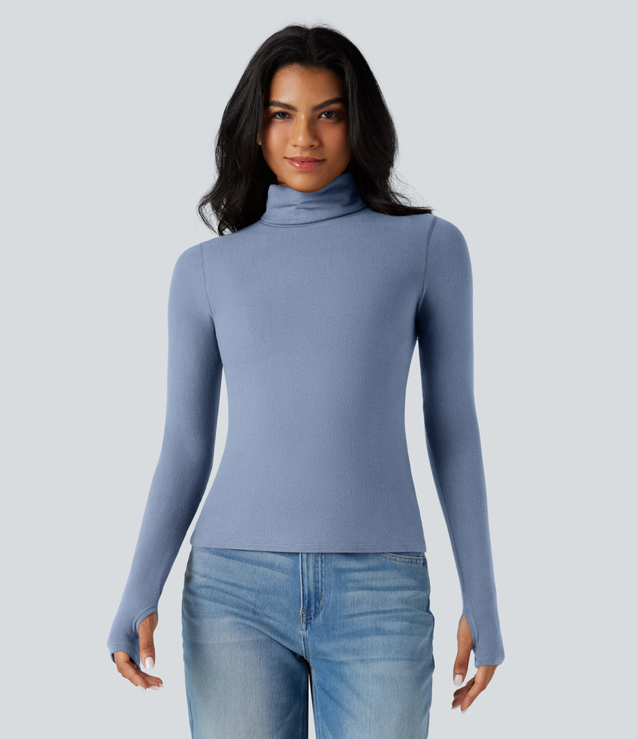 Halara HeatCore Turtleneck Long Sleeve Thumb Hole Casual Warming Top - Forever Blue