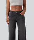 Halara Flex™ Low Rise Zipper Pockets Washed Baggy Wide Leg Casual Jeans - Poppy Seed Denim