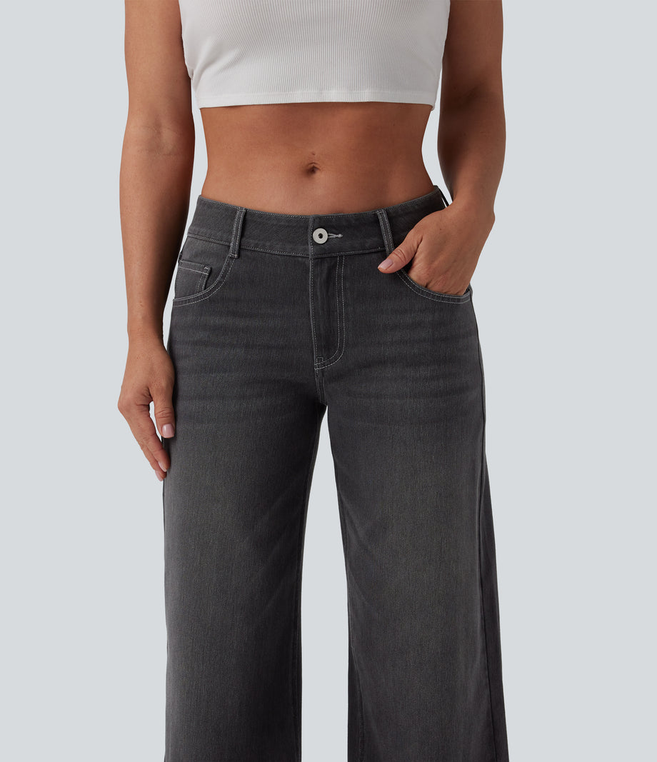 Halara Flex™ Low Rise Zipper Pockets Washed Baggy Wide Leg Casual Jeans - Poppy Seed Denim