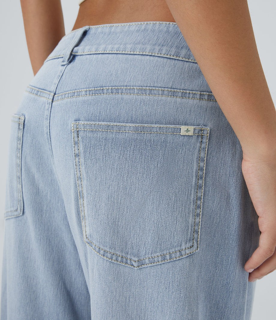 Halara Flex™ Low Rise Zipper Pockets Washed Baggy Wide Leg Casual Jeans - Light Azure Denim