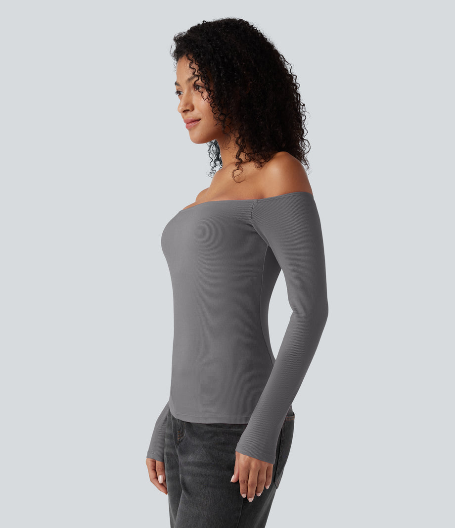 Ribbed Knit Off Shoulder Long Sleeve 2-in-1 Casual Top - Gray Quill