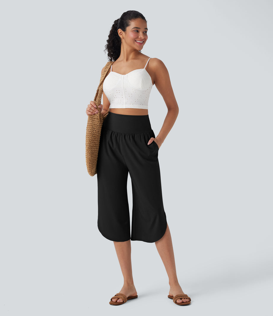Breezeful™ High Waisted Tummy Control Hem Quick Dry Capri Pants with Pockets - Black