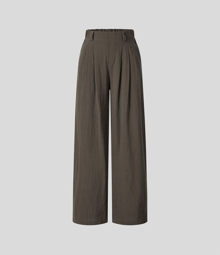 High Waisted Pocket Wide Leg Flowy Solid Palazzo Casual Linen-Feel Pants - Dark Earthy Brown