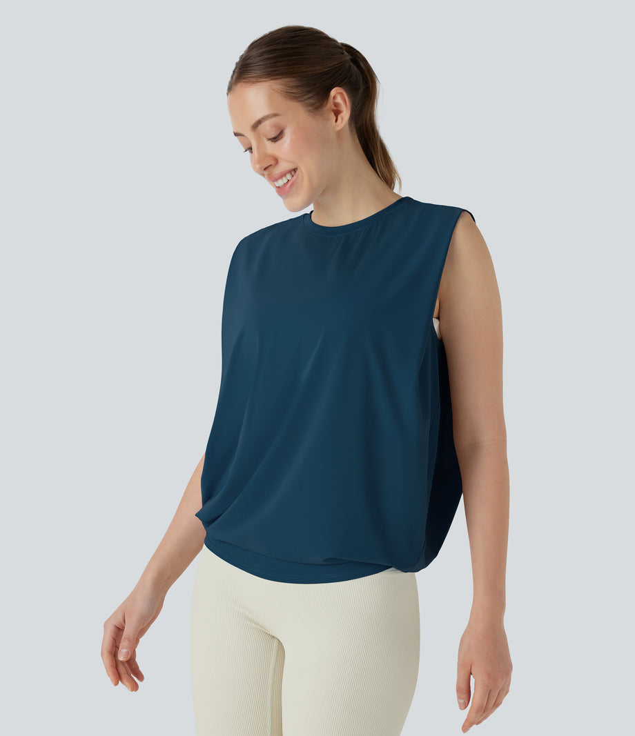 Round Neck Ruched Cool Touch Yoga Tank Top-UPF50+ - Majolica Blue