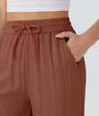 High Waisted Drawstring Pocket Wide Leg Baggy Casual Linen-Feel Pants - Sequoia