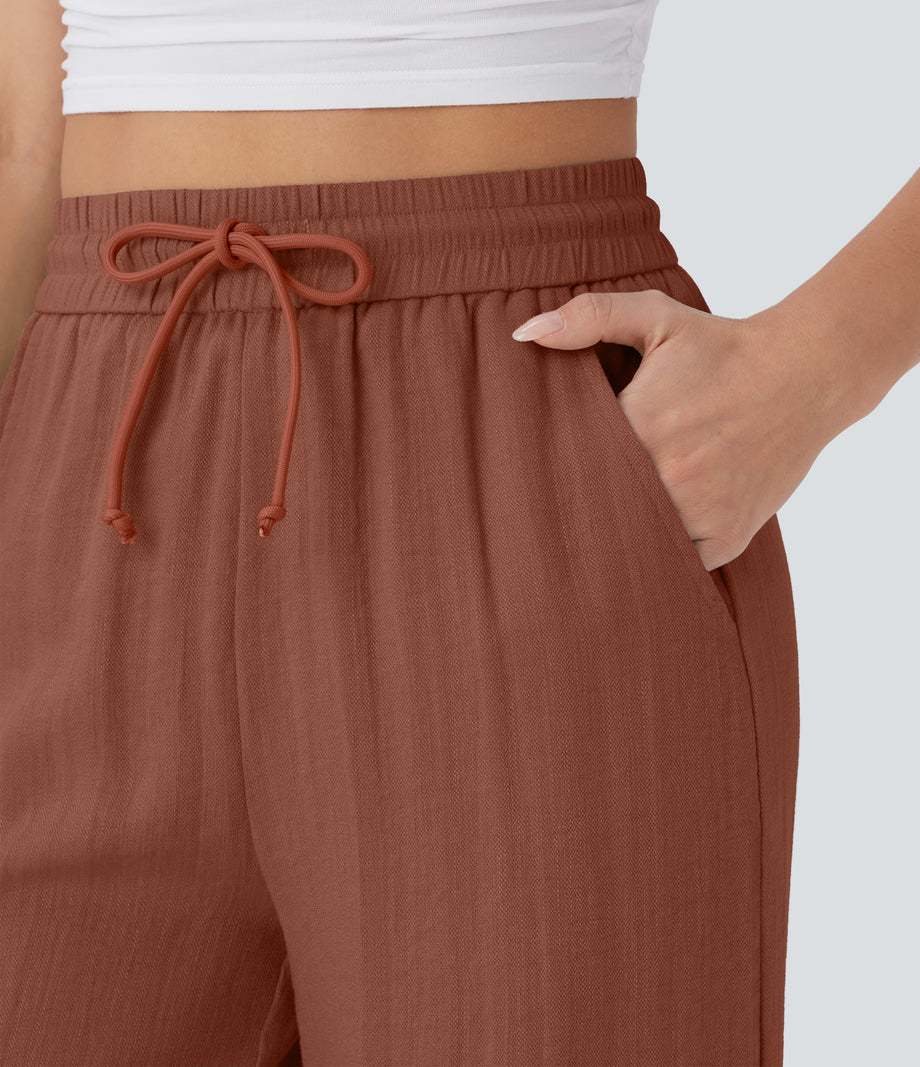 High Waisted Drawstring Pocket Wide Leg Baggy Casual Linen-Feel Pants - Sequoia