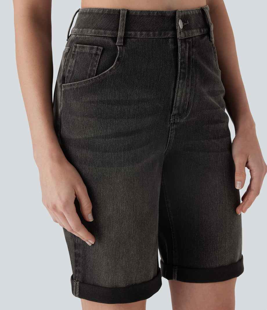 Halara Flex™ High Waisted Pockets Rolled Hem Washed Denim Casual Bermuda Shorts - Phantom Denim