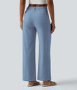 High Waisted Straight Leg Casual Linen-Feel Pants with Pockets - Azure Mist Blue