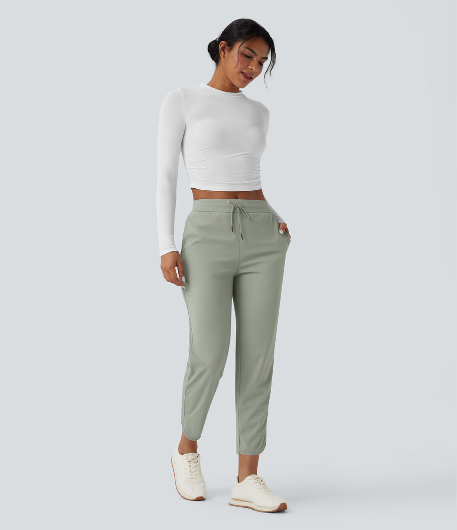 Mid Rise Drawstring Curved Hem Quick Dry Golf Tapered Pants with Pockets-UPF40+ - Desert Sage
