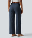 High Waisted Straight Leg Casual Linen-Feel Pants with Pockets - Deep Secluded Blue