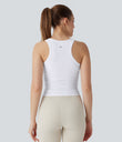 Round Neck Racerback Ruched Yoga Tank Top - Frost White
