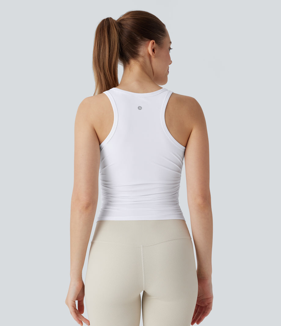 Round Neck Racerback Ruched Yoga Tank Top - Frost White