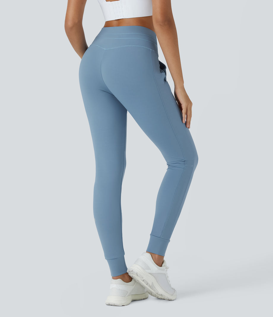 SoftlyZero™ Plush High Waisted Drawstring Pocket Plain Full Length Joggers - Grey Blue