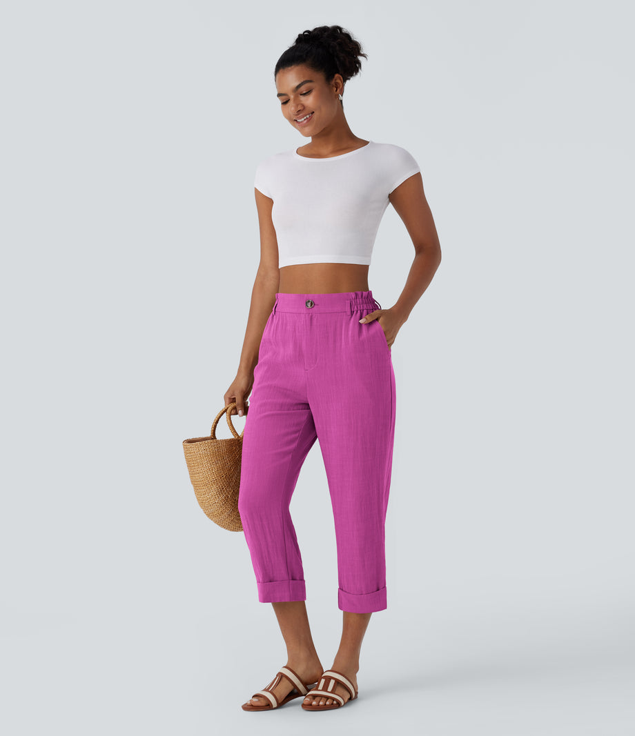 High Waisted Zipper Pocket Cropped Linen-Feel Pants - Rose Violet