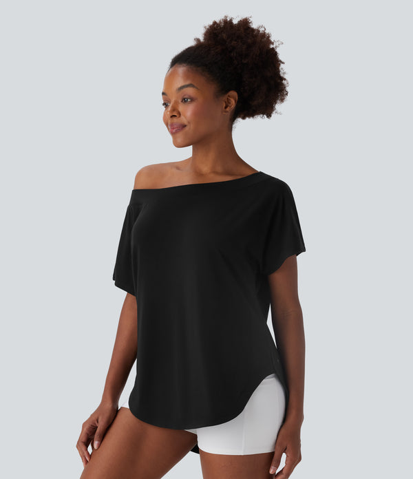 One Shoulder Short Sleeve Curved Hem High Low Quick Dry Yoga Sports Top - Black