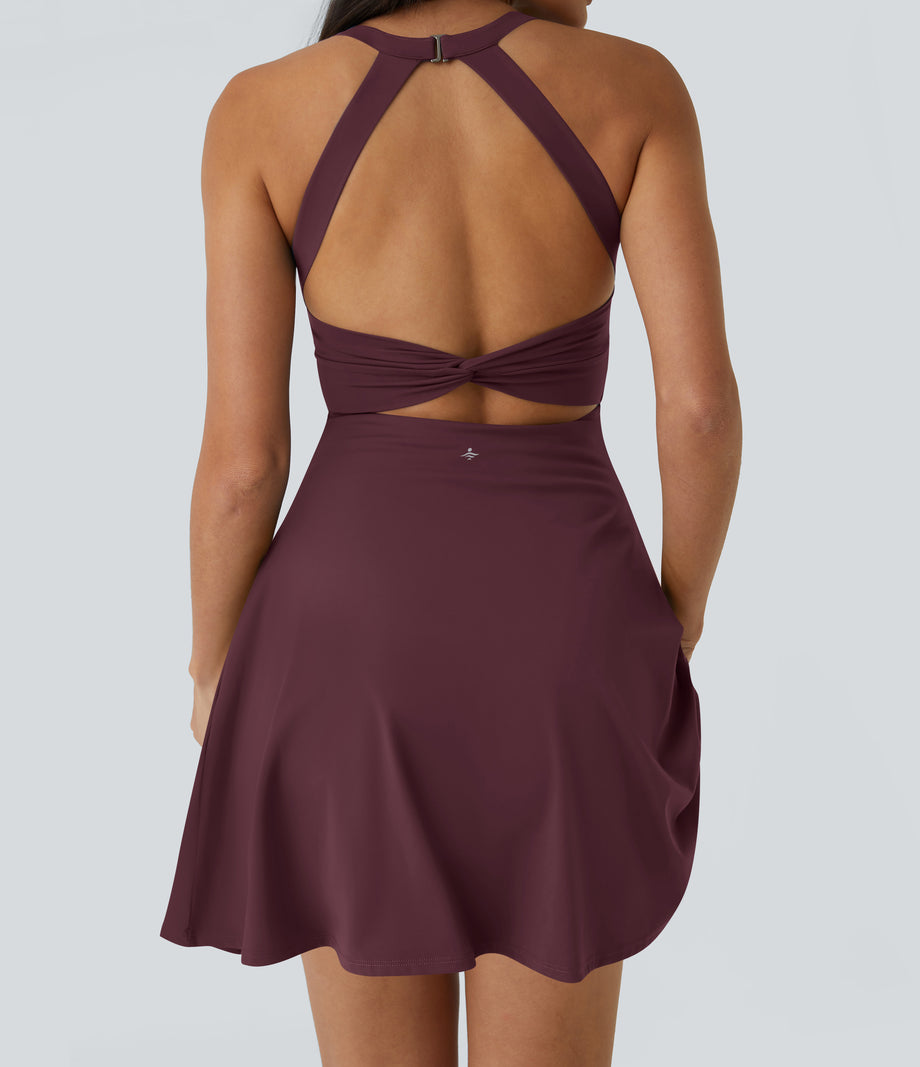 SoftlyZero™ Airy Backless Twisted Flare Low Support Dance Active Dress-Longer Length-Easy Peezy Edition A-D Cups - Fig