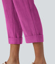 High Waisted Zipper Pocket Cropped Linen-Feel Pants - Rose Violet