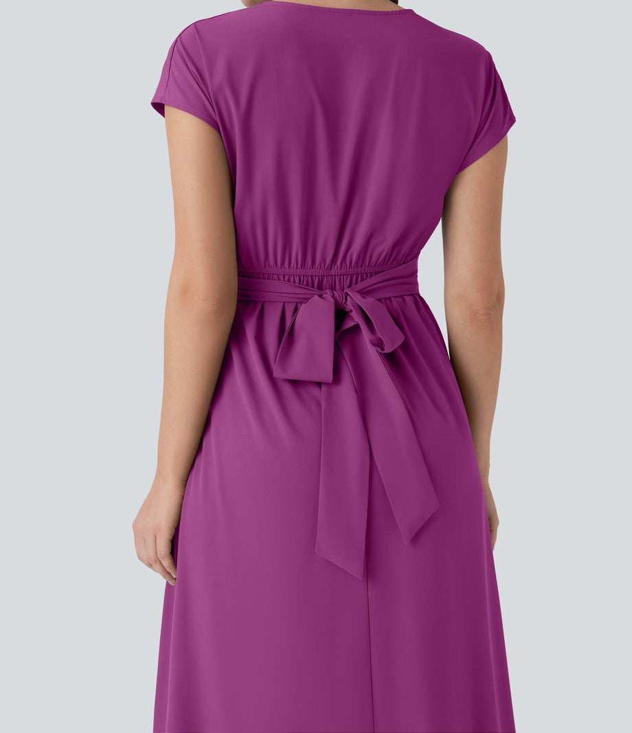 Breezeful™ V Neck Short Sleeve Pocket Tie Back Quick Dry Midi Casual Dress - Purple Wine