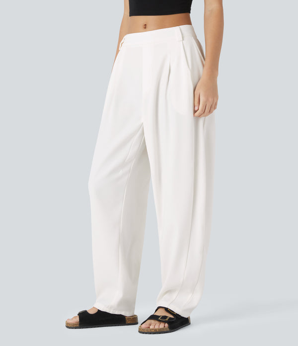 Mid Rise Pocket Barrel Leg Baggy Work Pants - White