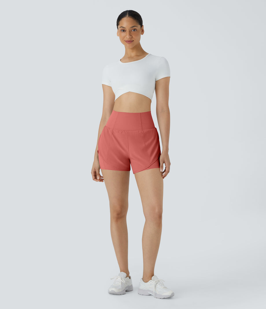 Breezeful™ Super High Waisted Curved Hem 2-in-1 Pocket Quick Dry Yoga Shorts 3.5'' - Rouge Dark Red