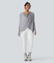 Hooded Cowl Neck Long Sleeve Thumb Hole Yoga Sports Top with Pockets - Mist Grey