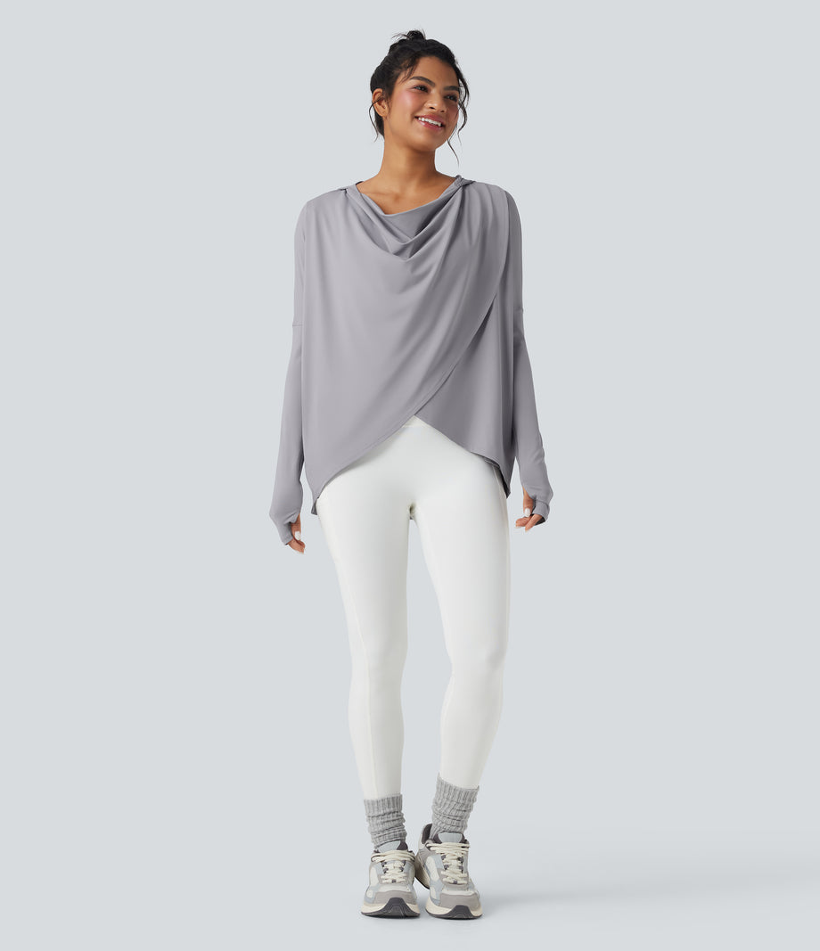 Hooded Cowl Neck Long Sleeve Thumb Hole Yoga Sports Top with Pockets - Mist Grey