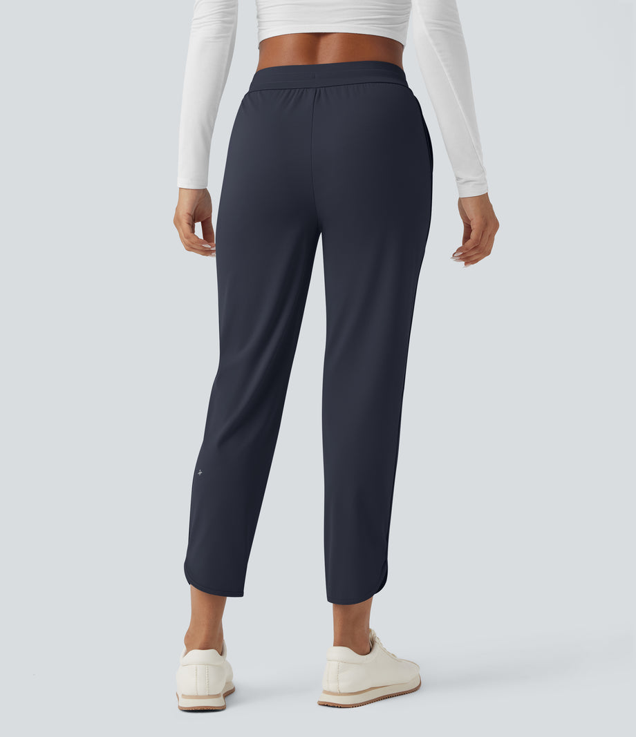 Mid Rise Drawstring Curved Hem Quick Dry Golf Tapered Pants with Pockets-UPF40+ - Dark Blue