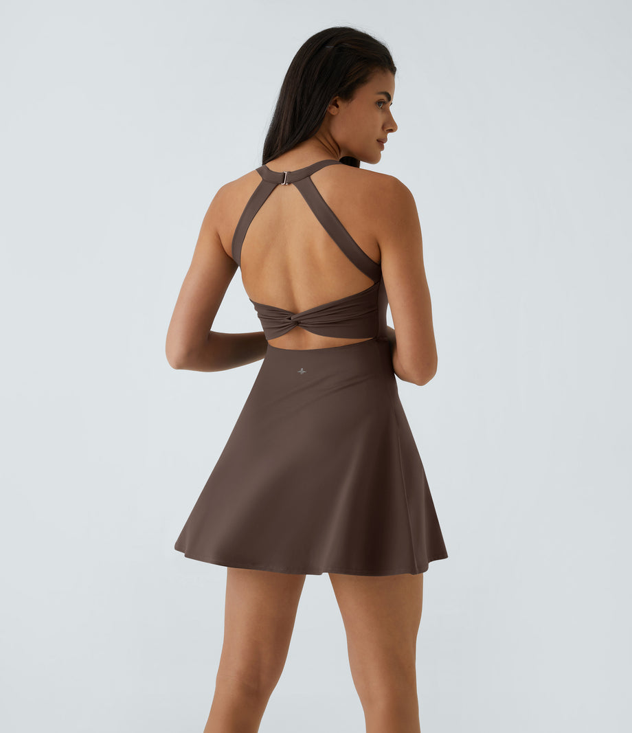 SoftlyZero™ Airy Backless Twisted Flare Low Support Dance Active Dress-Longer Length-Easy Peezy Edition A-D Cups - Chocolate Martini
