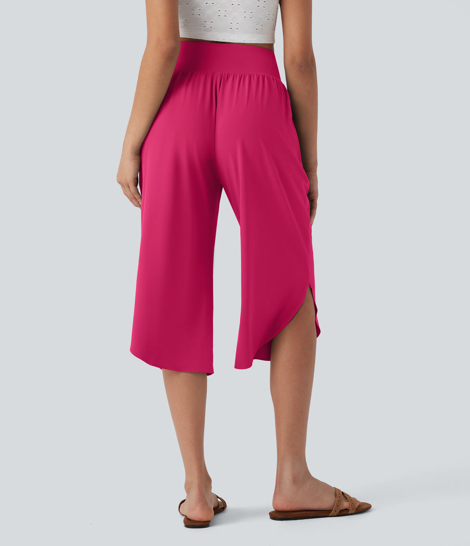 Breezeful™ High Waisted Tummy Control Hem Quick Dry Capri Pants with Pockets - Bright Rose