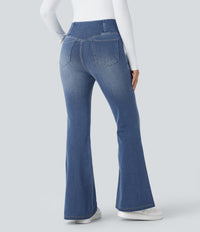 Halara Flex™ High Waisted Crossover Pocket Washed Casual Flare Jeans - Mayan Blue Denim