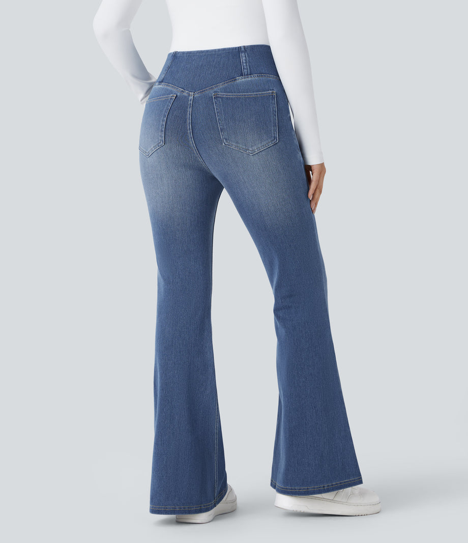 Halara Flex™ High Waisted Crossover Pocket Washed Casual Flare Jeans - Mayan Blue Denim