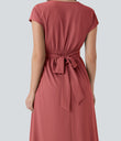 Breezeful™ V Neck Short Sleeve Pocket Tie Back Quick Dry Midi Casual Dress - Kapok Red
