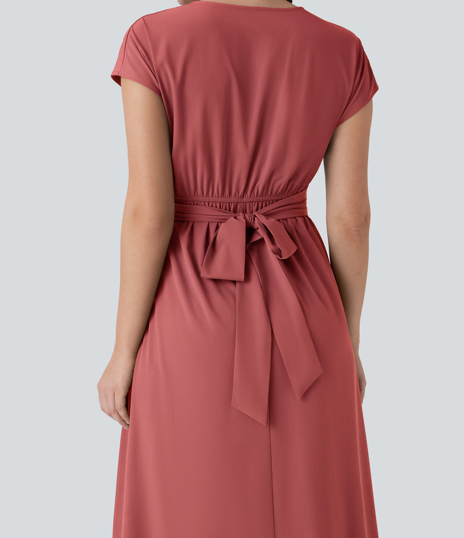Breezeful™ V Neck Short Sleeve Pocket Tie Back Quick Dry Midi Casual Dress - Kapok Red