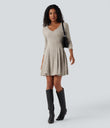 Ribbed Knit V Neck Long Sleeve Flare Mini Casual Dress with Pockets - Warm Grey Floral Velvet