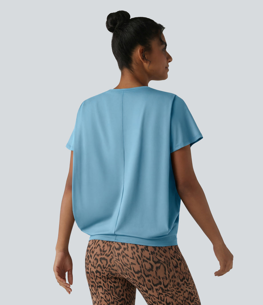 Round Neck Short Sleeve Ruched Cool Touch Yoga Sports Top-UPF50+ - Sky Blue