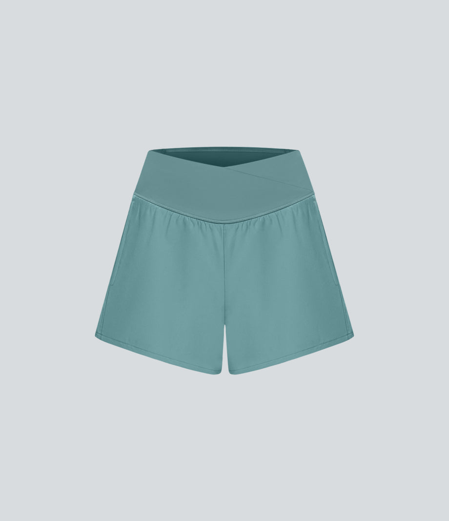 Breezeful™ High Waisted Crossover Pocket 2-in-1 Quick Dry Yoga Shorts 4" - Stone Blue