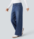Halara Flex™ Low Rise Zipper Pockets Washed Baggy Wide Leg Casual Jeans - Paint Blue Denim