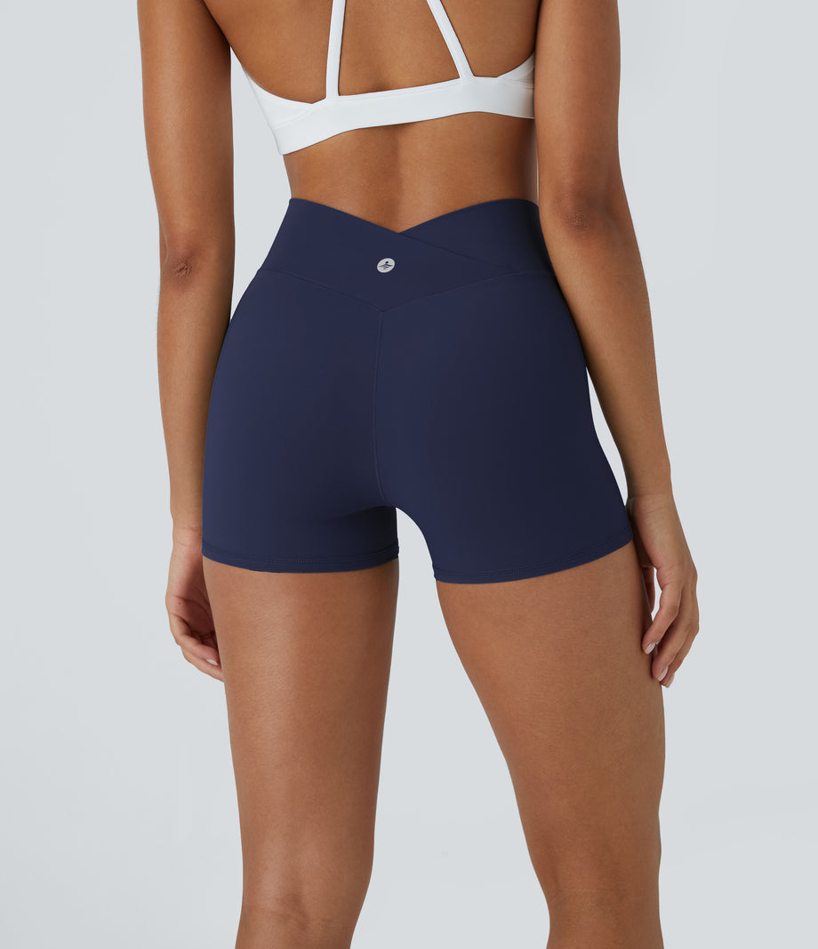 SoftlyZero™ High Waisted Crossover Plain Yoga Biker Shorts 3''-UPF50+ - Peacoat