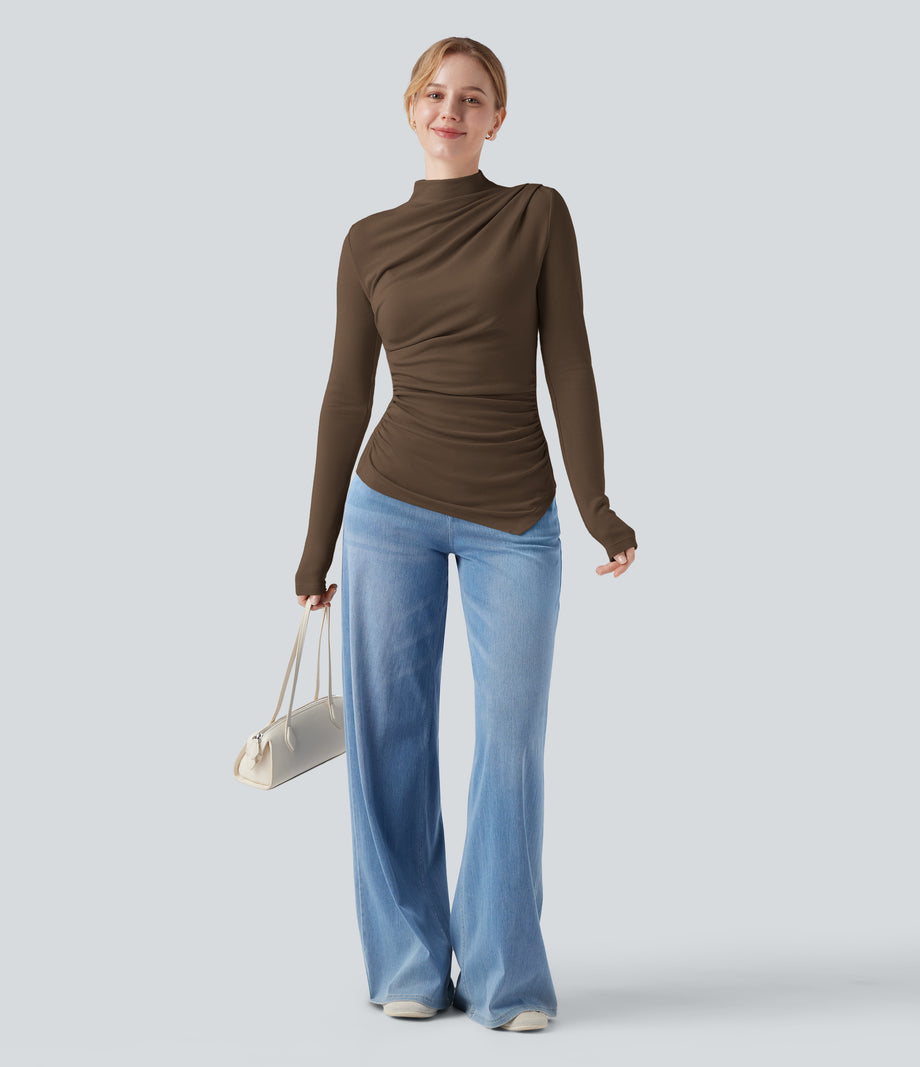Mock-neck Long Sleeve Ruched Asymmetric Hem Thermal Casual Top - Dark Earth