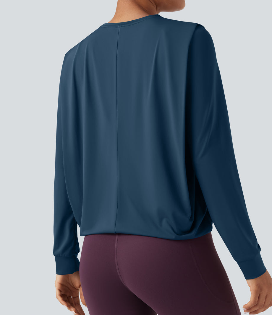 Round Neck Long Sleeve Ruched Yoga Sports Top-UPF50+ - Majolica Blue