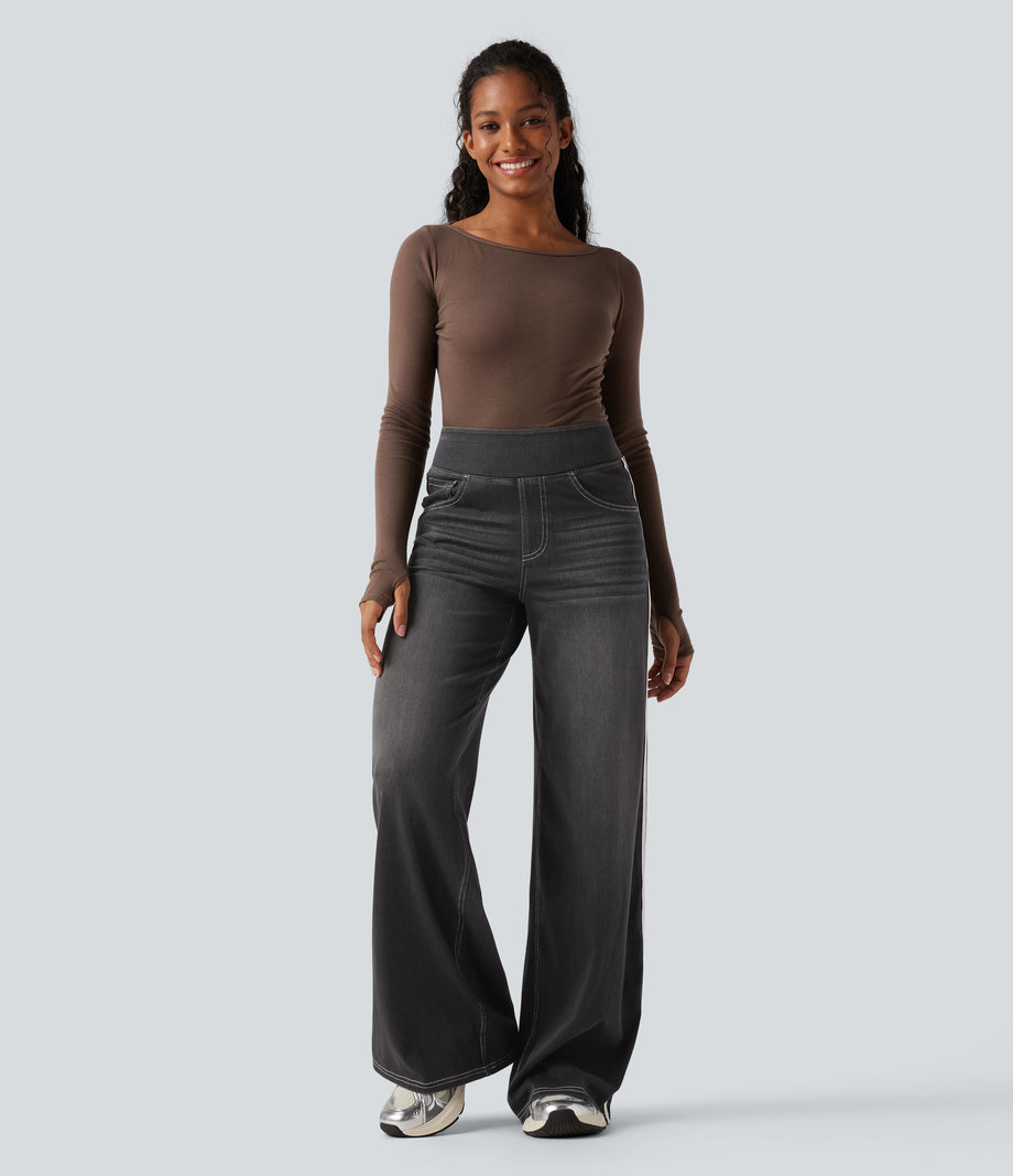 Halara Flex™ High Waisted Stripe Wide Leg Flowy Washed Casual Jeans with Pockets - Poppy Seed Denim