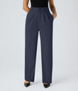 Halara Flex™ High Waisted Zipper Pocket Shirred Straight Leg Work Pants - Black Iris