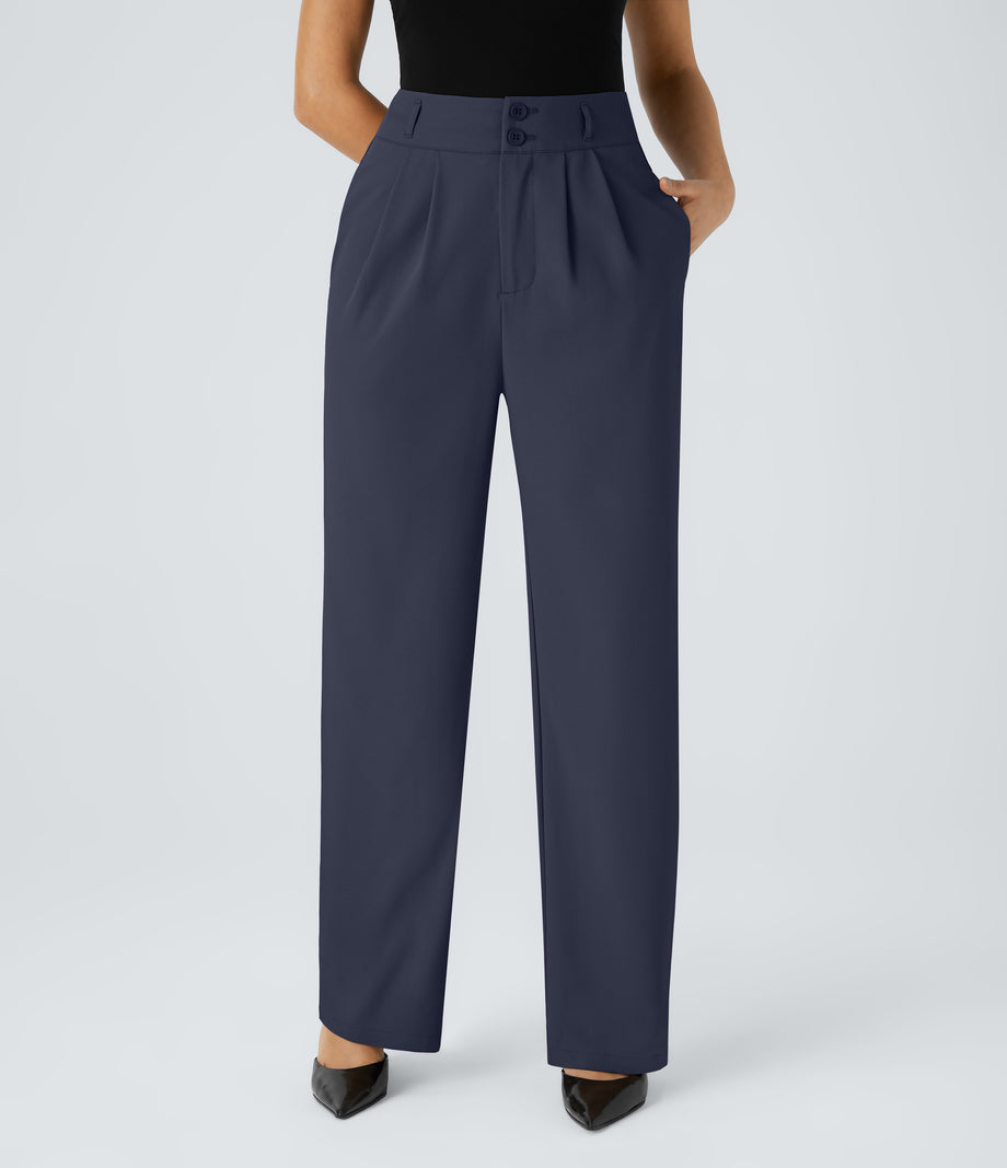 Halara Flex™ High Waisted Zipper Pocket Shirred Straight Leg Work Pants - Black Iris
