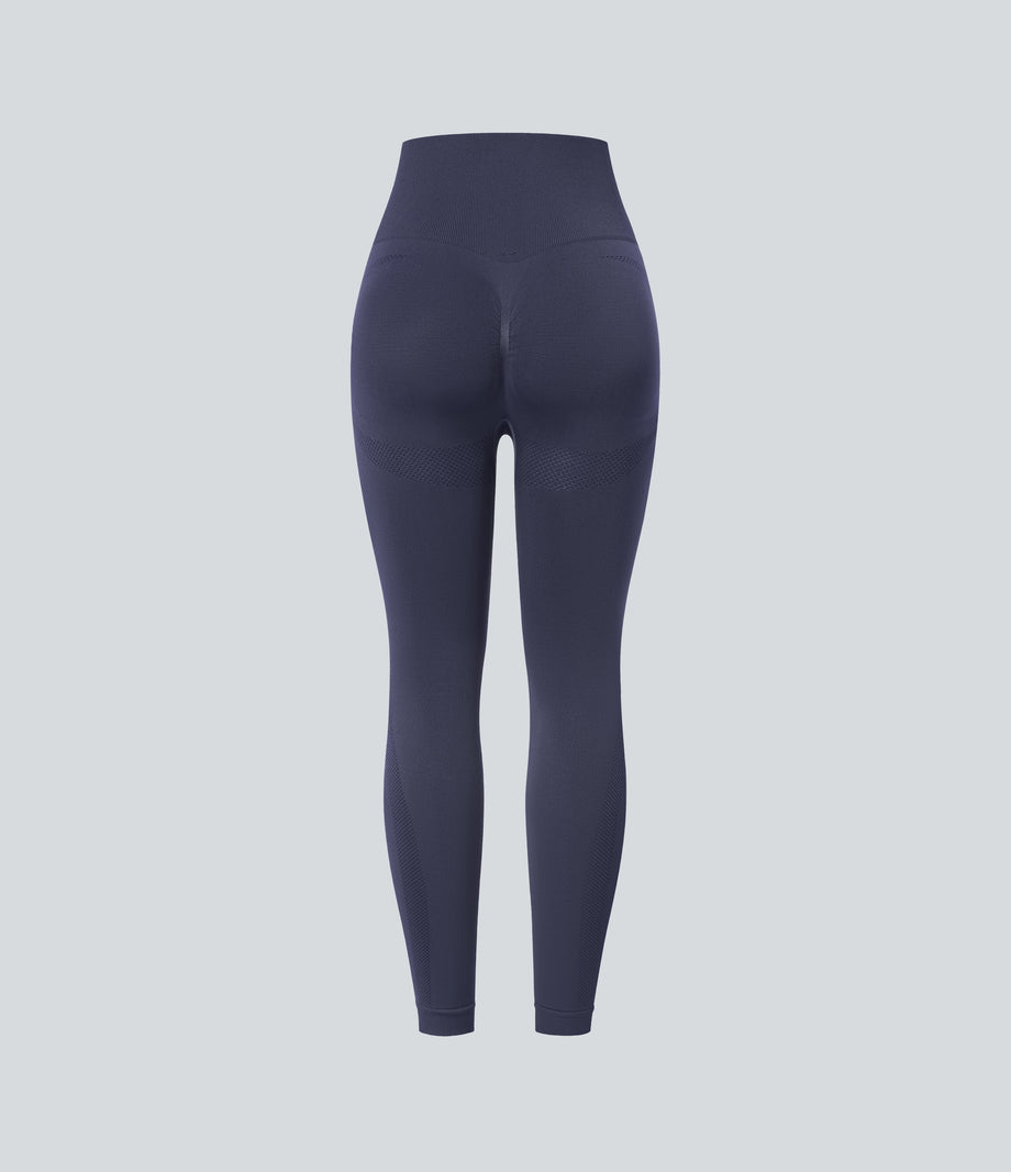 OneForm Seamless Flow High Waisted Ruched 7/8 Yoga Leggings - Peacoat