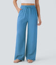 High Waisted Drawstring Pocket Wide Leg Baggy Casual Linen-Feel Pants - Azure Blue