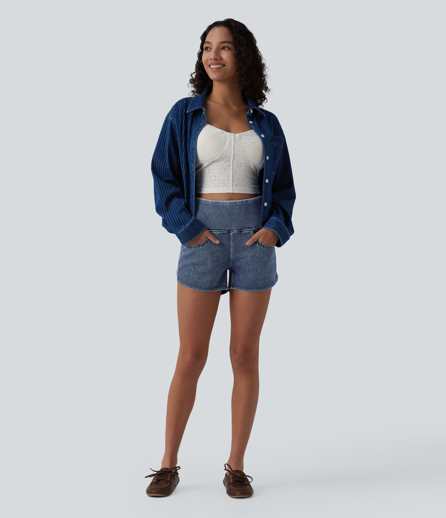 Halara Flex™ High Waisted Tummy Control Curved Hem Skinny Denim Casual Shorts with Pockets - Tide Blue Denim