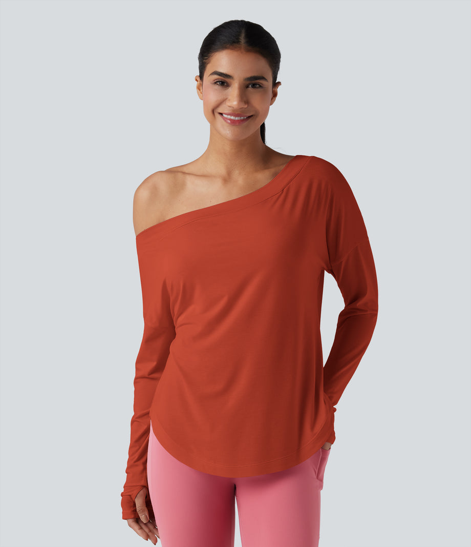 One Shoulder Long Sleeve Thumb Hole Curved Hem High Low Quick Dry Yoga Sports Top-Built-in Bra - Rooibos Tea