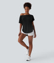 One Shoulder Short Sleeve Curved Hem High Low Quick Dry Yoga Sports Top - Black